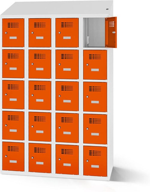 rotstahl Fächerschrank mit Ladefunktion und 20 Fächern in Orange mit lichtgrauem Korpus, B: 120 cm, H: 200 cm - Bild 1
