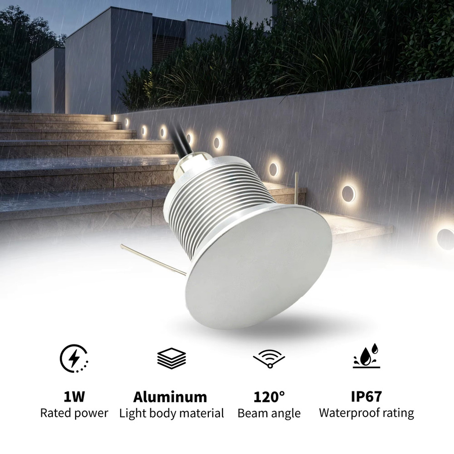 KPSUN LED Einbau Wandleuchte IP67 Wasserdicht, Runde Außenlampe für Garten und Treppen, 1W, Weiß - Bild 4