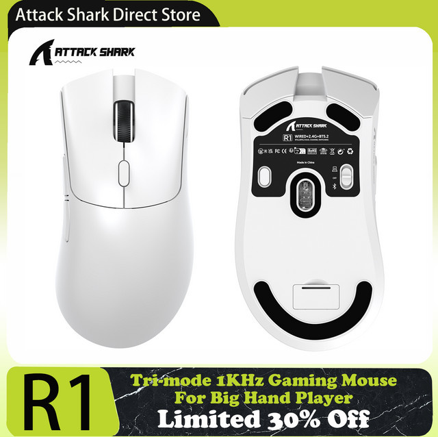 ATTACK SHARK R1 Tri-Mode Gaming-Maus in Weiß mit PixArt PAW3311-Sensor, 18000 DPI und 59 g ultraleichtem Design für PC und Mac - Bild 1