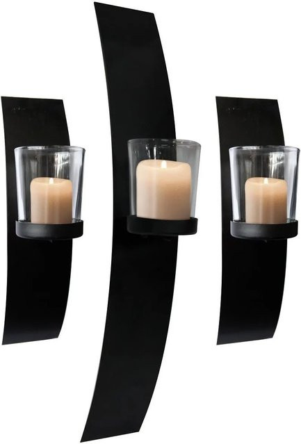 Lex 3er Set Wandkerzenhalter aus Metall und Glas in Schwarz für Teelichter und Stumpenkerzen - Bild 1