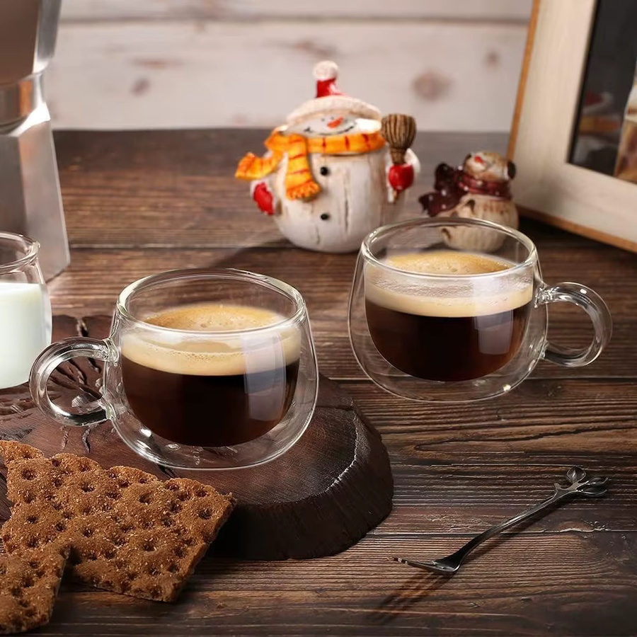 YWDL Doppelwandiges Glas-Kaffeetassen-Set aus transparentem Glas, Espressotassen mit Griff für Milch, Latte und Tee, 100/200 ml - Bild 2