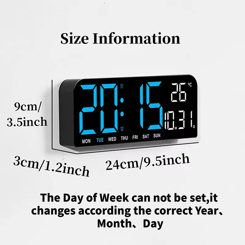NieNie Digitale LED Wanduhr 9 Zoll in Schwarz mit Temperatur, Datum, Timer und automatischem Dimmer, USB-betrieben - Bild 2