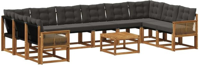 vidaXL Outdoor-Sofagarnitur L-Form aus Massivholz Akazie mit 11 Kissen in Schwarz und Natur mit Textilene Stoff - Bild 1