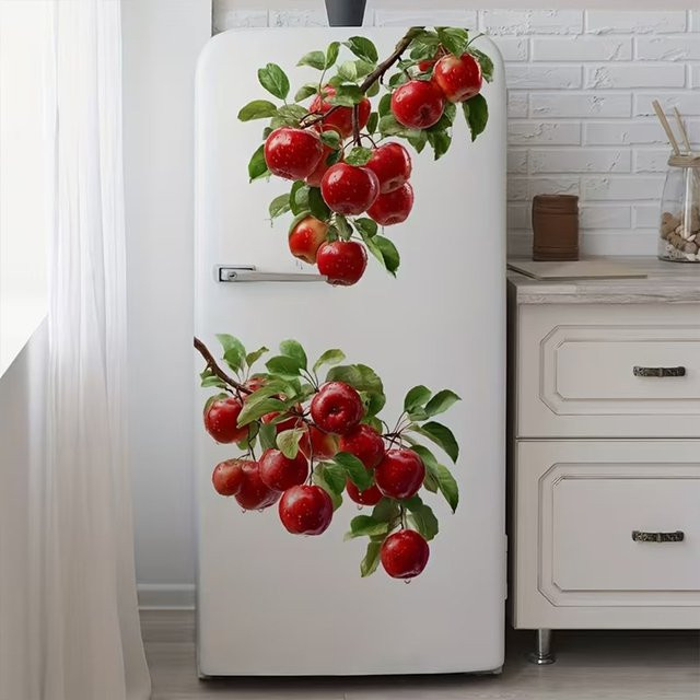 Kingsmile 3D Roter Apfel Kühlschrankmagnet mit Apfelzweig-Muster, Wasserfester Vinyl-Wandaufkleber für Küche und Heimdekoration - Bild 1