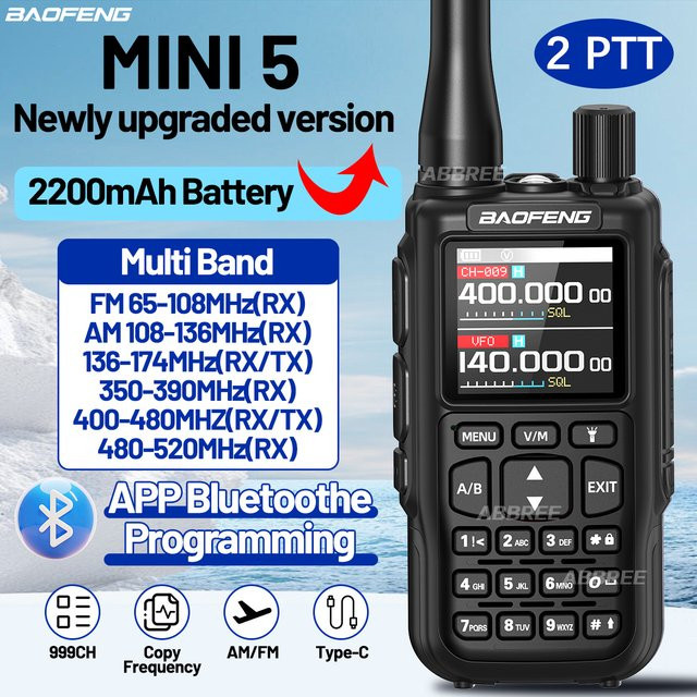Baofeng Mini 5 Zweiwege-Funkgerät mit Bluetooth-Programmierung und 2200mAh Li-Ionen-Akku in Schwarz - Bild 1
