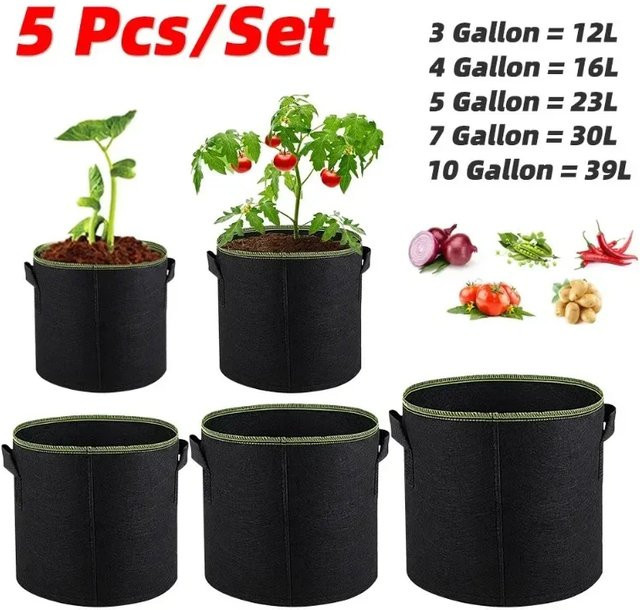 5er Set schwarze Pflanztöpfe aus Filz für den Gemüsegarten in den Größen 3, 4 und 5 Gallonen - Bild 1