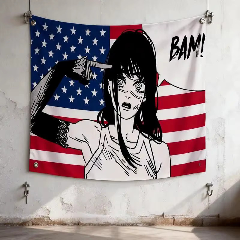 VIKAMA Anime Girl Against the Knife BAM Wandteppich mit amerikanischer Flagge, Mehrfarbige Textil-Wandkunst für dein Schlafzimmer oder Gaming-Zimmer - Bild 2