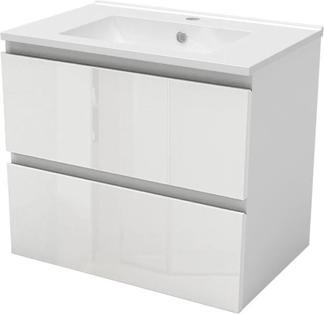 AICA Badmöbel Set Aalst: 2-teiliges Waschbecken mit Unterschrank in Weiß Hochglanz mit Softclose, Breite: 60 cm - Bild 1