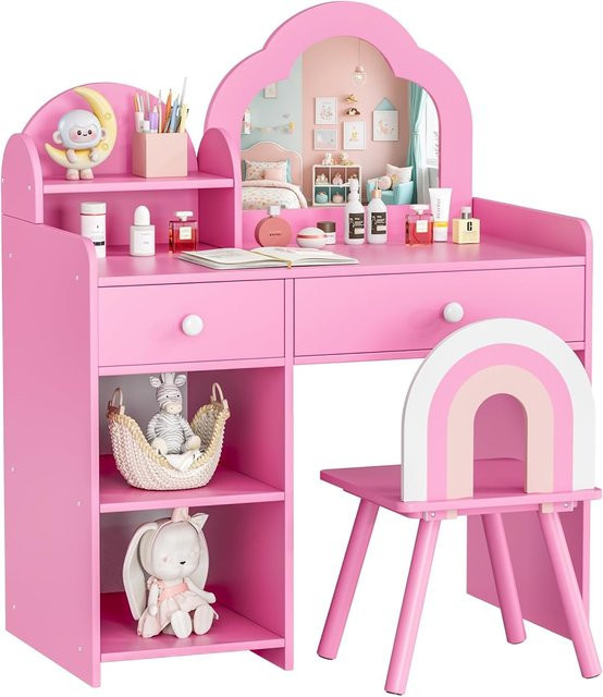 Wolkenförmiges Schminktisch-Set für Kinder aus Holz mit Spiegel, Hocker und Aufbewahrung in Weiß oder Pink, Höhe: 90 cm - Bild 1