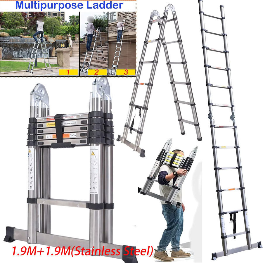 DayPlus Teleskopleiter aus Edelstahl in Silber mit Stabilisator, ausziehbare Klappleiter mit 150 kg Tragfähigkeit, Höhe: 3,80 m - Bild 2