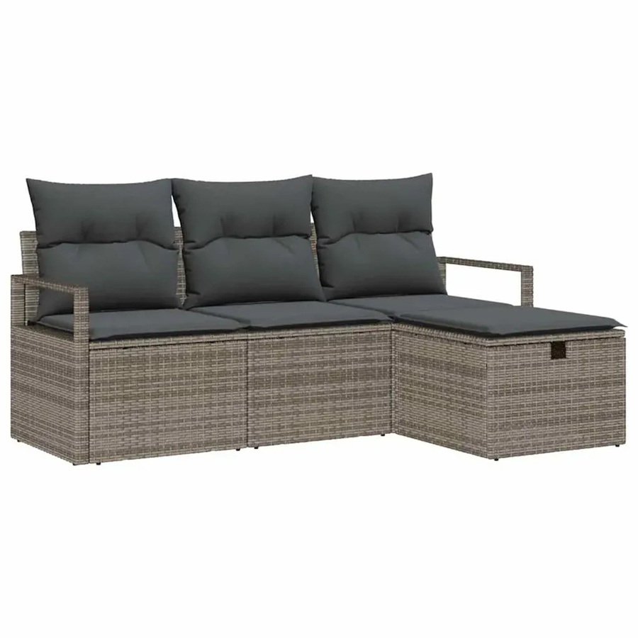 vidaXL Garten-Sofa-Set aus Polyrattan in Grau, 4-teiliges L-Shape Lounge-Set mit Ottoman, Kissen und integriertem Stauraum - Bild 2
