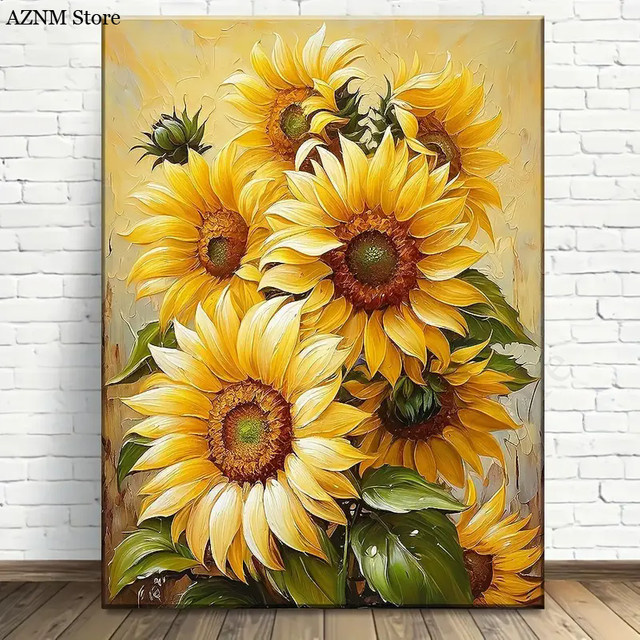 Potdemiel Sonnenblumen Leinwandgemälde in Hellgelb als florale Wandkunst für dein Wohnzimmer - Bild 1
