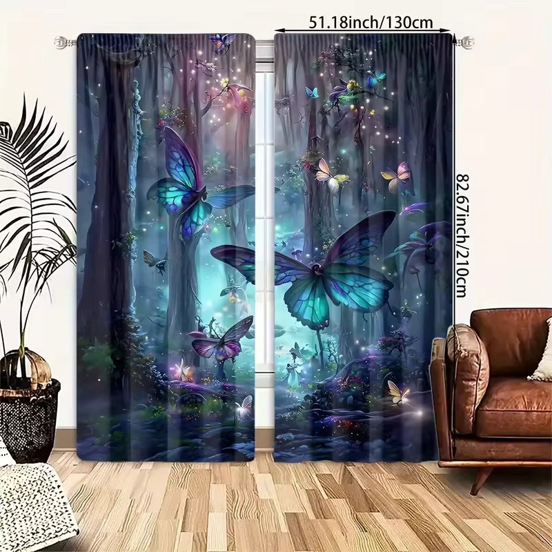VIKAMA Blaue Schmetterlings-Wald-Vorhänge, halbtransparente Natur-Vorhänge mit floralem Design und Stangentasche, Breite: 116 cm, Höhe: 116 cm - Bild 3