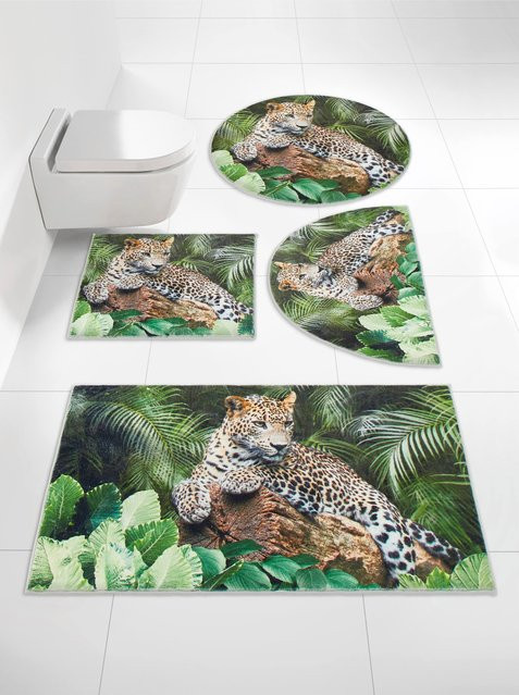 Badematte Heine Home mit Leoparden-Motiv aus Microfaser, rutschhemmend und für Fußbodenheizung geeignet, Multicolor (Grün/Braun) - Bild 1