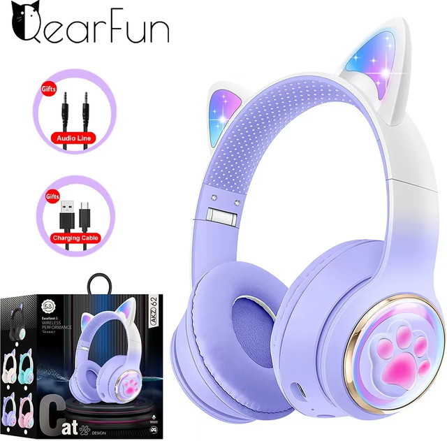 QearFun RGB Katzenohren Bluetooth Gaming Headset für Mädchen mit leuchtenden Katzenkrallen, Stereo Kopfhörer, Schwarz/Lila - Bild 1