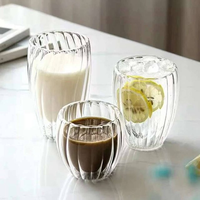 LOULONG doppelwandige gewellte Gläser aus Glas, transparent, 350 ml - Bild 1
