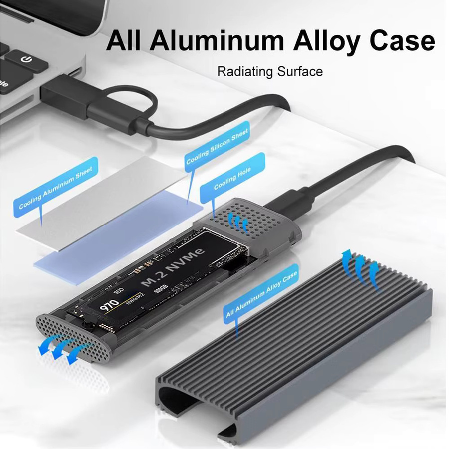 MAIWO M.2 NVMe SATA SSD-Gehäuseadapter in Grau, 10 Gbit/s PCIe Typ-C, Aluminium-Gehäuse für M-Key und B&M-Key, werkzeuglos - Bild 4