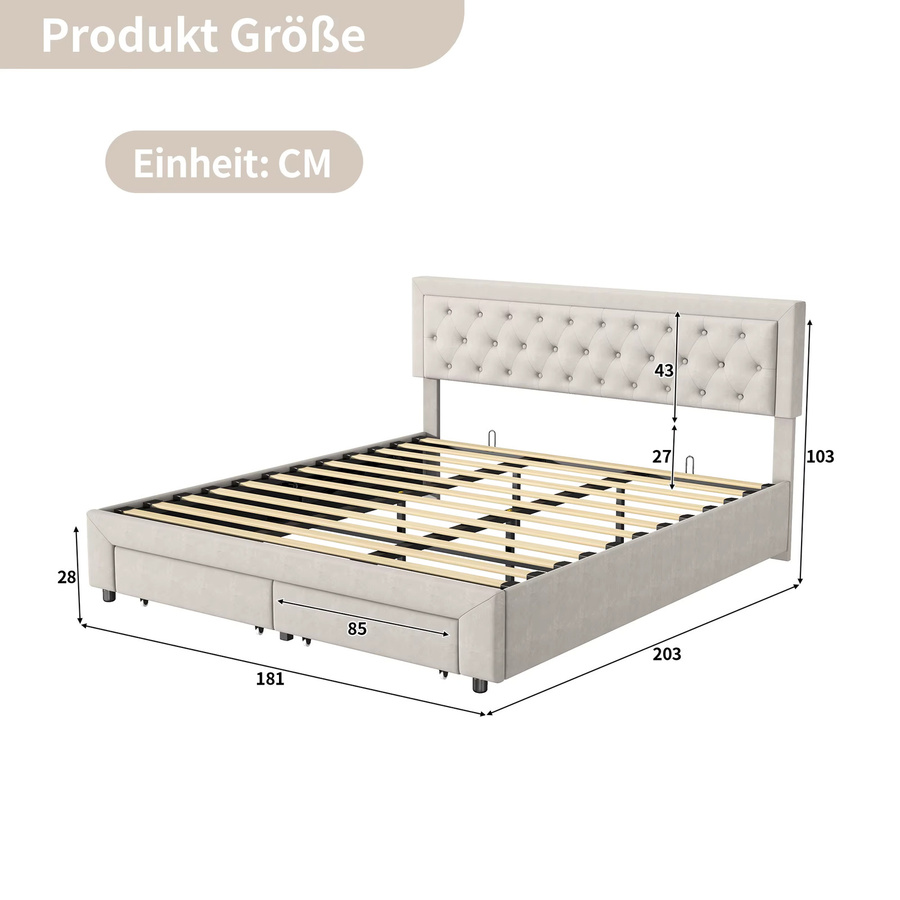 Anajqaqia Polsterbett aus Samt in Beige mit hydraulischem Stauraum, Lattenrost und 2 Schubladen, B/T: 180 x 200 cm - Bild 2