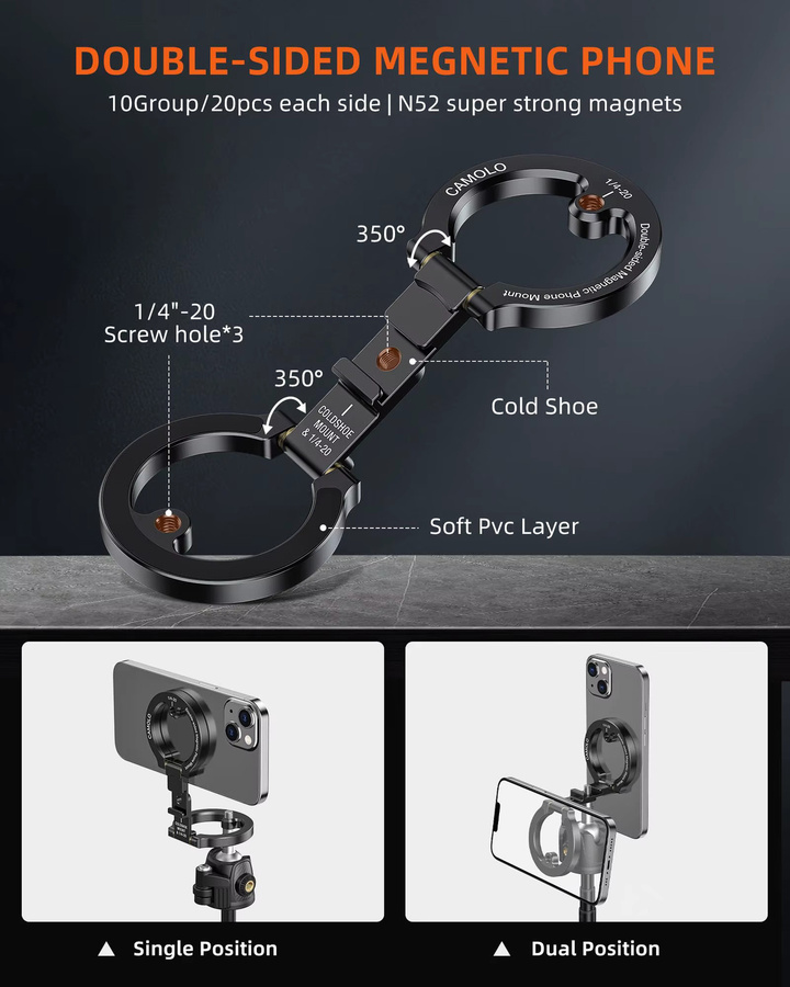 CAMOLO Dual Magnetischer Telefonhalter mit MagSafe für iPhone und Android, inklusive 1/4 Zoll Schraube für Stativhalterungen, Schwarz - Bild 4