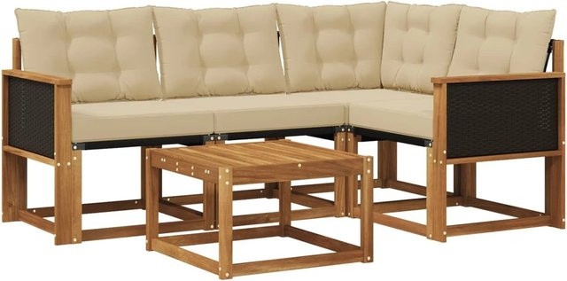 vidaXL Outdoor-Sofagarnitur L-Form aus Akazienholz mit 5 Kissen in Natur und Beige - Bild 1