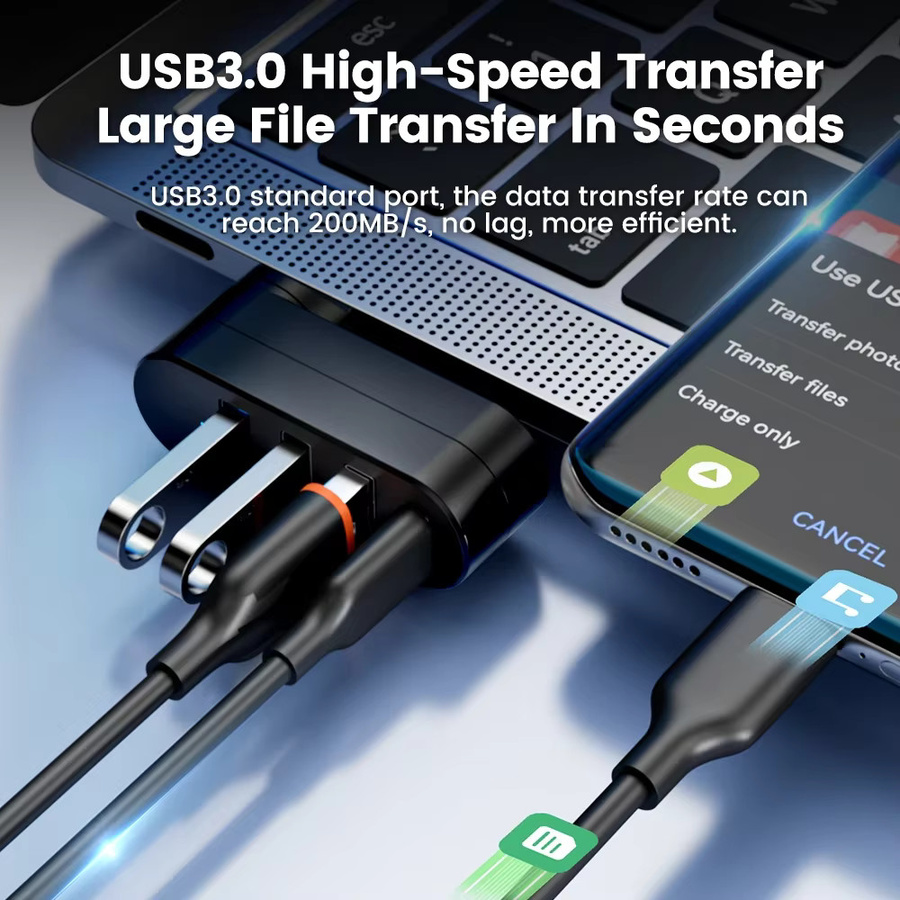 Maerknon Drehbarer USB-C Hub mit 4 Anschlüssen USB 3.0 und 2.0 für Laptop und MacBook in Schwarz und Orange - Bild 5