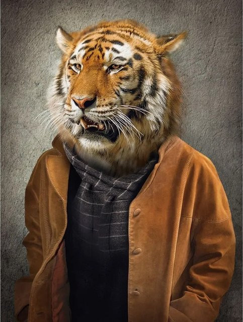 Art Universe Glasbild Tiger im Mantel, modernes Wandbild mit Illustration, Mehrfarbig, Breite: 60 cm, Höhe: 80 cm - Bild 1