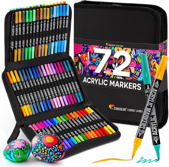 72 Acrylmarker-Set mit zwei Spitzen (Fein- und Pinselspitze) in Multicolour für Papier, Stoff, Glas, Keramik, Holz und Leinwand mit hochwertigen Pigmenten - Bild 1