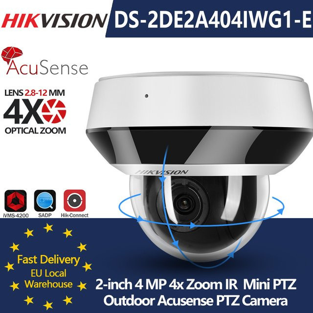 Hikvision 4MP PTZ DS-2DE2A404IWG1-E Mini-Acusense PoE-Überwachungskamera für den Außenbereich mit 4-fachem optischem Zoom, IR und integriertem Mikrofon in Weiß - Bild 1