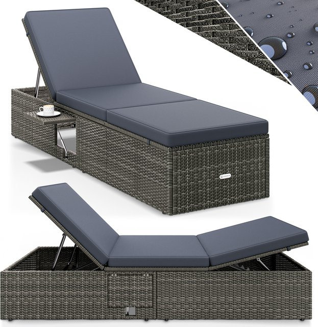 CASARIA Polyrattan Gartenliege Grau/Anthrazit mit verstellbarer Kopfstütze und Seitentisch B/T/H: 200 x 58 x 33 cm - Bild 1