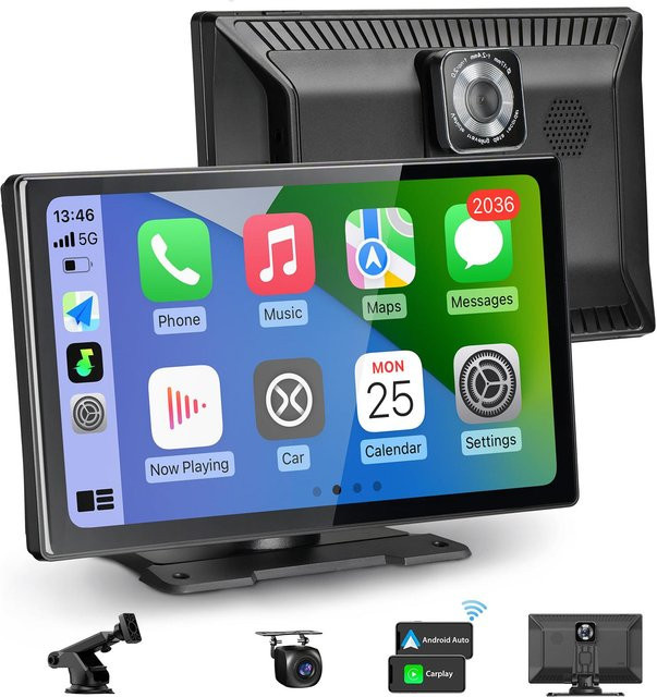 carabc Universeller 9 Zoll Carplay Bildschirm für dein Auto mit Apple und Android Auto, 4K Recorder und 1080p Rückfahrkamera, Schwarz - Bild 1