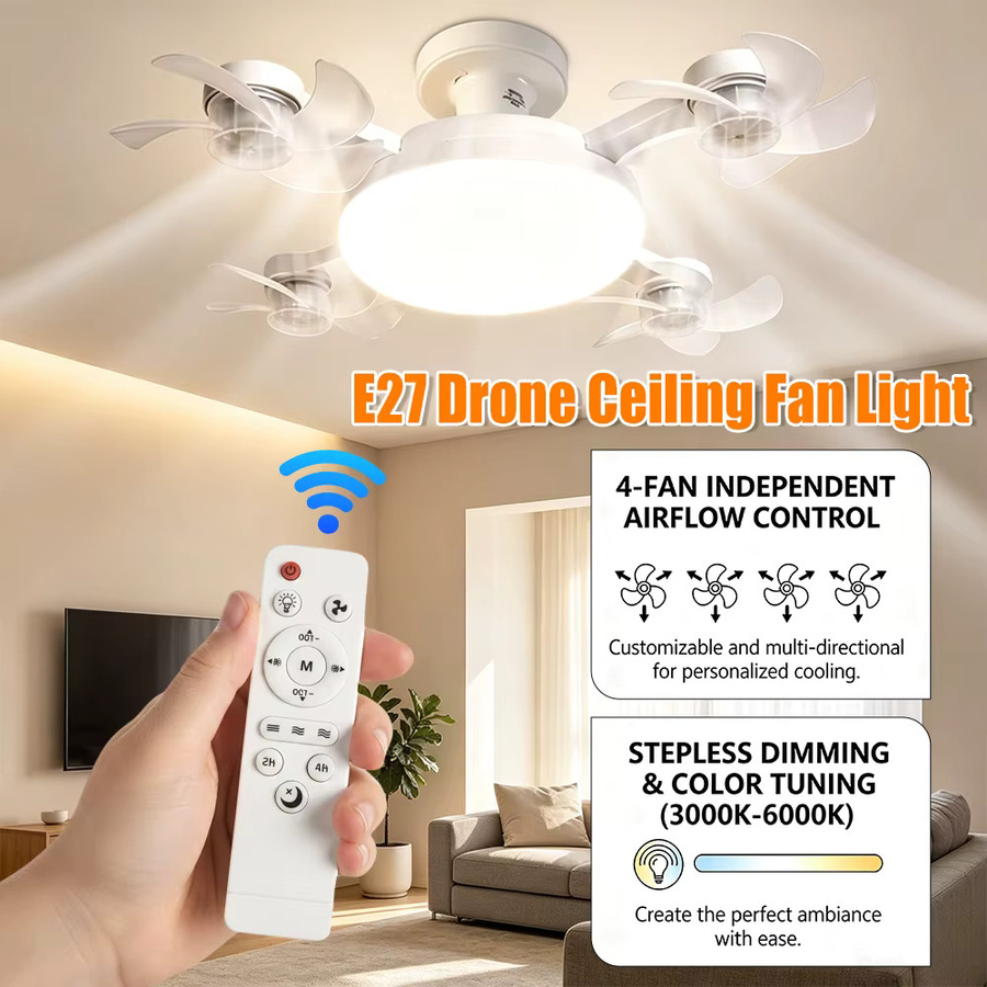 APWIKOGER 2-in-1 Deckenventilator im Drohnen-Stil mit LED-Lampe, E27-Fassung, Fernbedienung, Schwarz oder Weiß - Bild 2