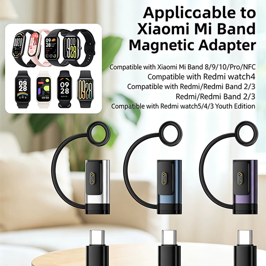 Magnetischer USB-C Ladeadapter für Xiaomi Band 8/9/10 Pro und Redmi Watch 4/5/Band 2/3 in Lila mit Anti-Verlust-Schlaufe - Bild 2