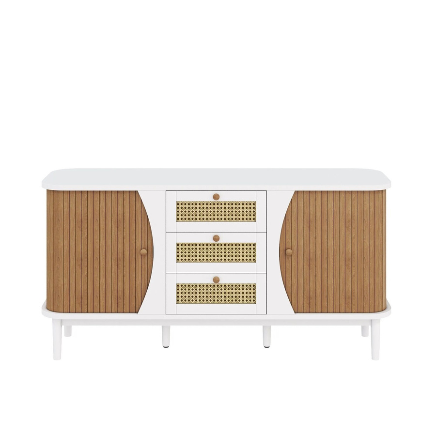 okwish Sideboard mit Schiebetüren und Rattan in Weiß, B/T/H: 140,5 x 40 x 76 cm - Bild 2