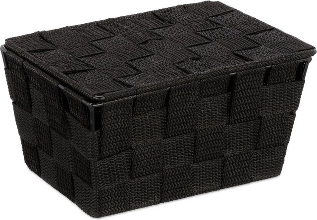Relaxdays Aufbewahrungskorb aus Kunststoff in Schwarz mit Deckel und geflochtener Optik, B/T/H: 10,5 x 19,5 x 14,5 cm - Bild 1
