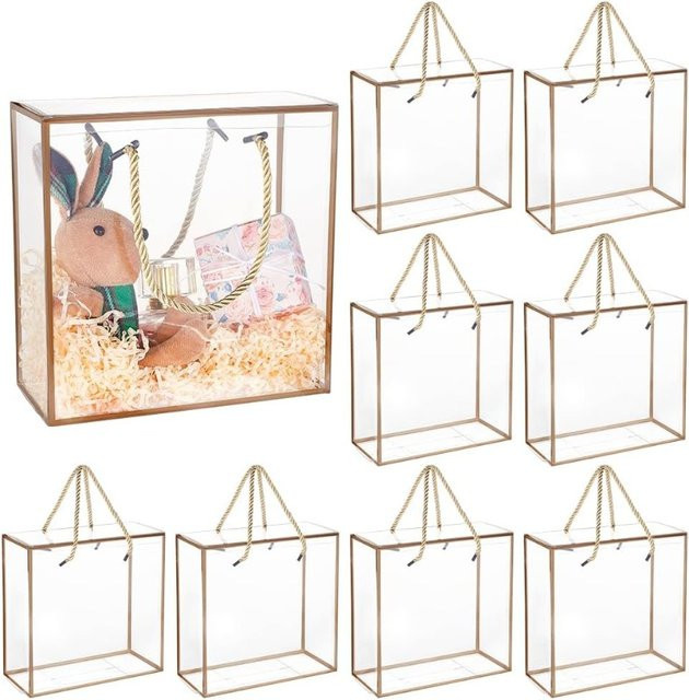 10er Packung transparente Geschenkboxen aus Kunststoff mit goldenem Rand und Griff, B/H/T: 19,8 x 19,8 x 8,9 cm - Bild 1