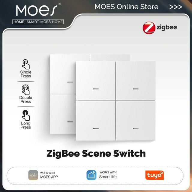 MOES ZigBee Tuya 4-Gang Wireless Szenenschalter mit 12 Szenen, batteriebetriebene Druckknopf-Fernbedienung in Weiß für Smart Life App Automatisierung - Bild 1