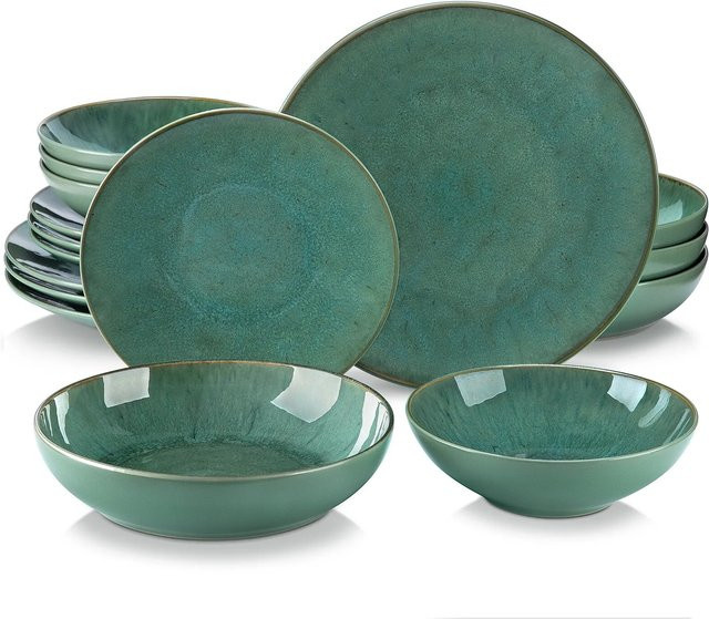 Vancasso Steinzeug-Geschirrset grün geprägtes Dinnerware-Set mit Tellern, Schüsseln und Bechern in 16- oder 32-teiliger Ausführung - Bild 1