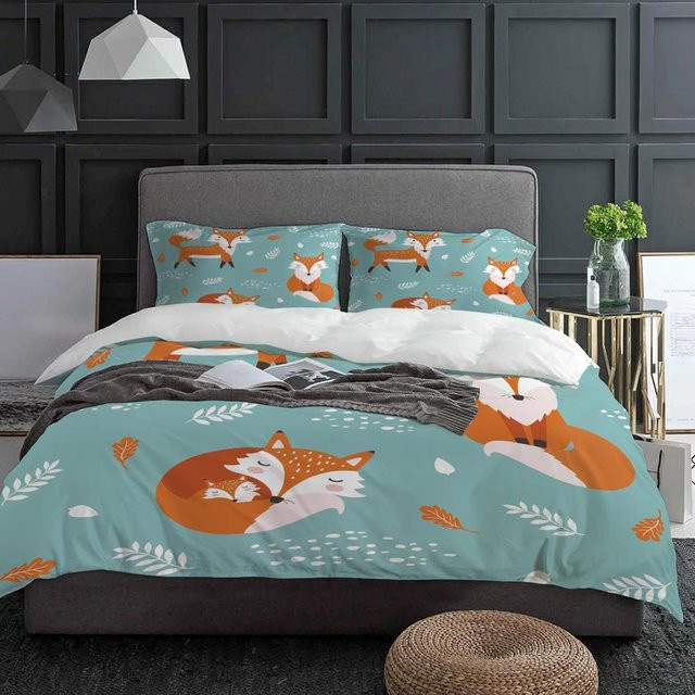 JMG Household Supplies Bettwäsche Set 3-teilig mit Fuchs Motiv in Orange, Blau und Weiß, Material Mikrofaser, Breite: 135 cm, Länge: 200 cm - Bild 1