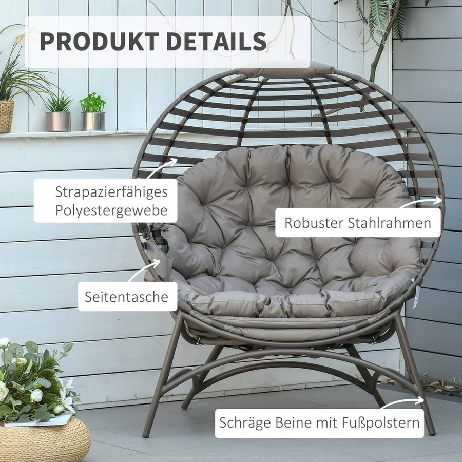 Outsunny Gartenstuhlkorb Egg Design in Sandbraun mit Polsterkissen und Handytasche, B/H/L: 75 x 139 x 118 cm - Bild 3