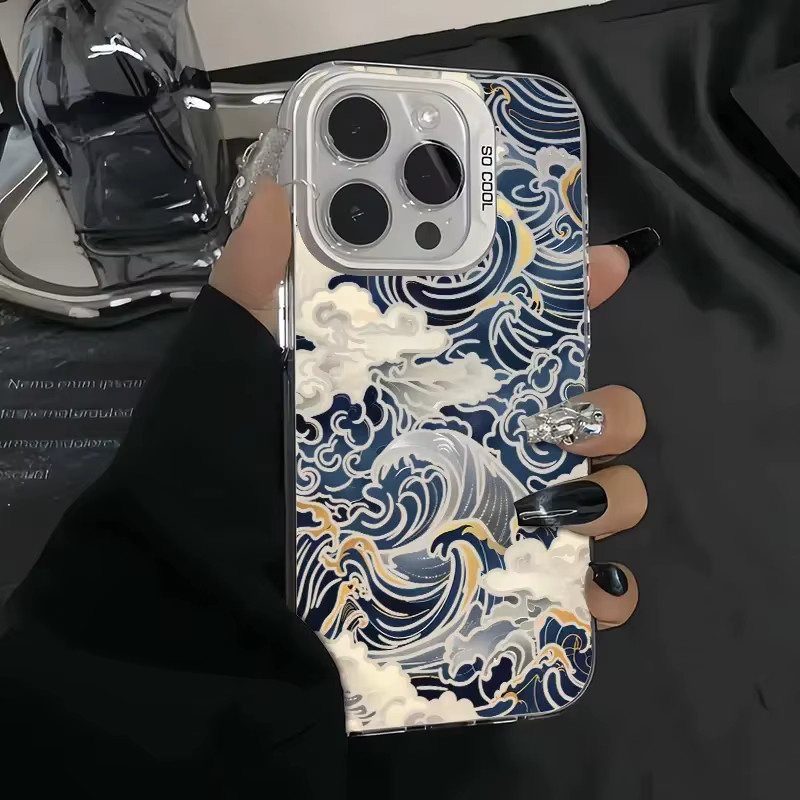 Stoßfeste Hardcover Schutzhülle im Japanische Wellen Design für Apple iPhone 11 bis 17 Pro Max Plus Air in Silber - Bild 2