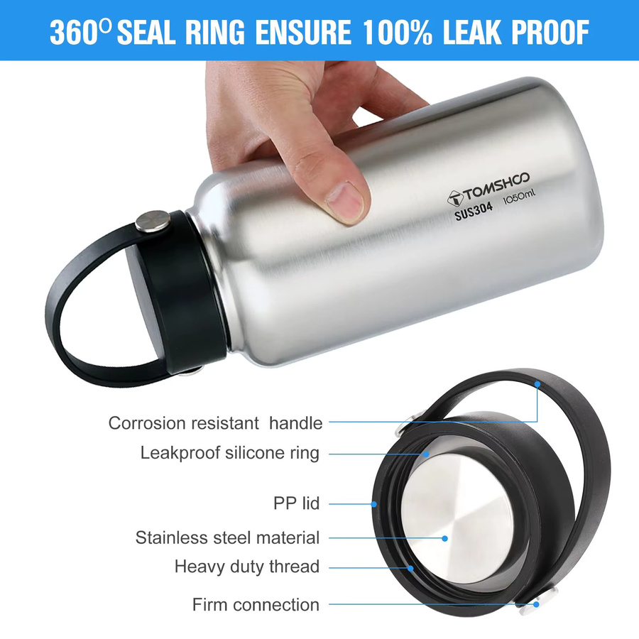 Tomshoo Edelstahl Wasserflasche auslaufsicher für Sport und Camping, Silber, 1,05 l - Bild 2
