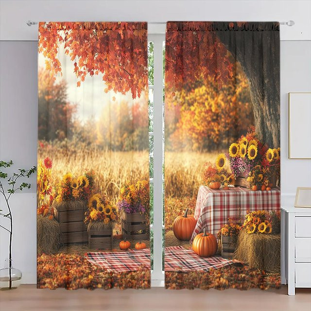 2er-Set Gardinen mit Kürbismuster in Weiß für die Herbstdekoration, halbtransparent, B: 52,5 cm, H: 116 cm - Bild 1