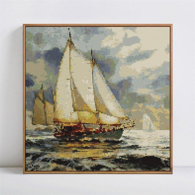 FIYO Diamant-Stickerei Segelboot Landschaft als rundes Diamant-Gemälde in Grau, Durchmesser: 30 cm - Bild 1