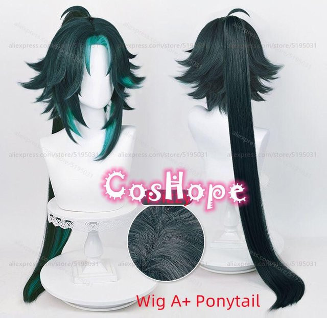 Xiao Cosplay Perücke mit Zopf, Grün Rot Weiß, Synthetisch, One Size - Bild 1
