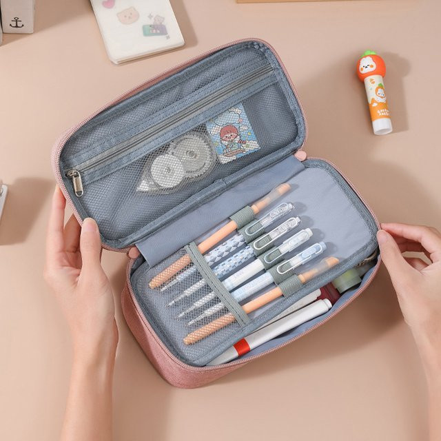 Stiftetasche mit 2 Schichten für Schreibwaren und Kosmetik in Textilqualität, erhältlich in Schwarz und Pink - Bild 1