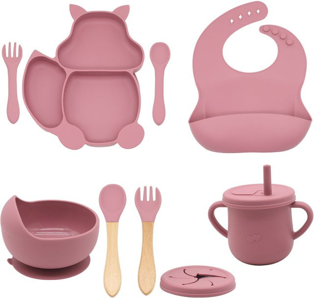 9-teiliges Baby Silikon Geschirr Set mit Cartoon Eichhörnchen, Teller, Schüssel, 2-in-1 Trinkbecher, Snackbecher sowie Löffel und Gabel in Blau und Pink - Bild 1