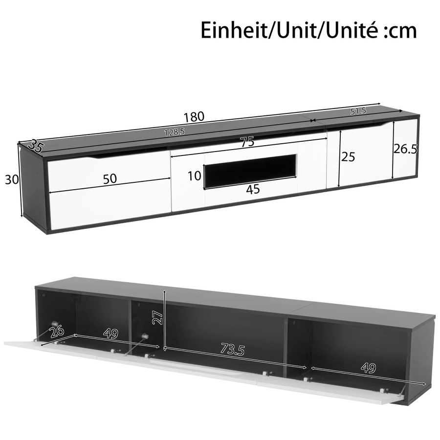 Anajqaqia TV-Schrank mit LED-Beleuchtung in Weiß und Braun, hochglänzendes Lowboard für dein Wohnzimmer, B/T/H: 180 x 35 x 30 cm - Bild 1