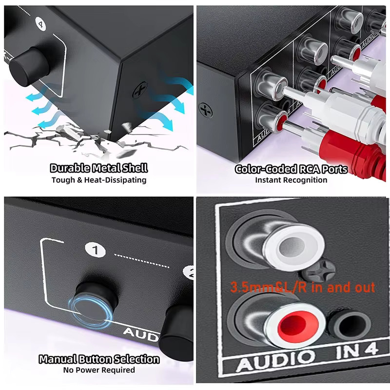 VBDWRM Stereo Audio Switch Selector 4-in-1 Bidirektionaler RCA AUX A/B Splitter mit 3,5 mm Klinke, Schwarz - Bild 5