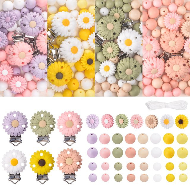 LOFCA 35-teiliges Silikon Perlen Set mit Gänseblümchen für Schnuller Clips und Baby Beißringe, Mehrfarbig - Bild 1