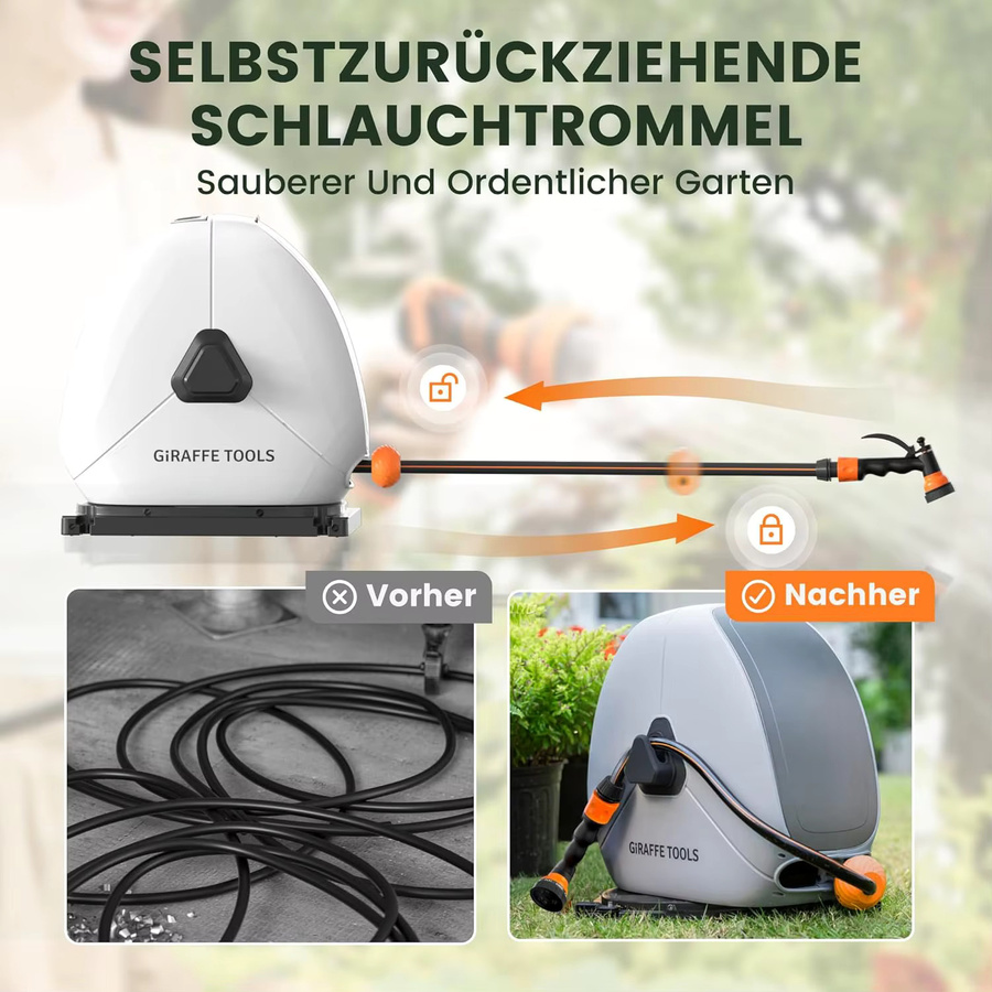 Giraffe Tools Bodenmontierter Einziehbarer Schlauchaufroller mit Automatikfunktion und flexiblem Drehgelenk - Bild 2